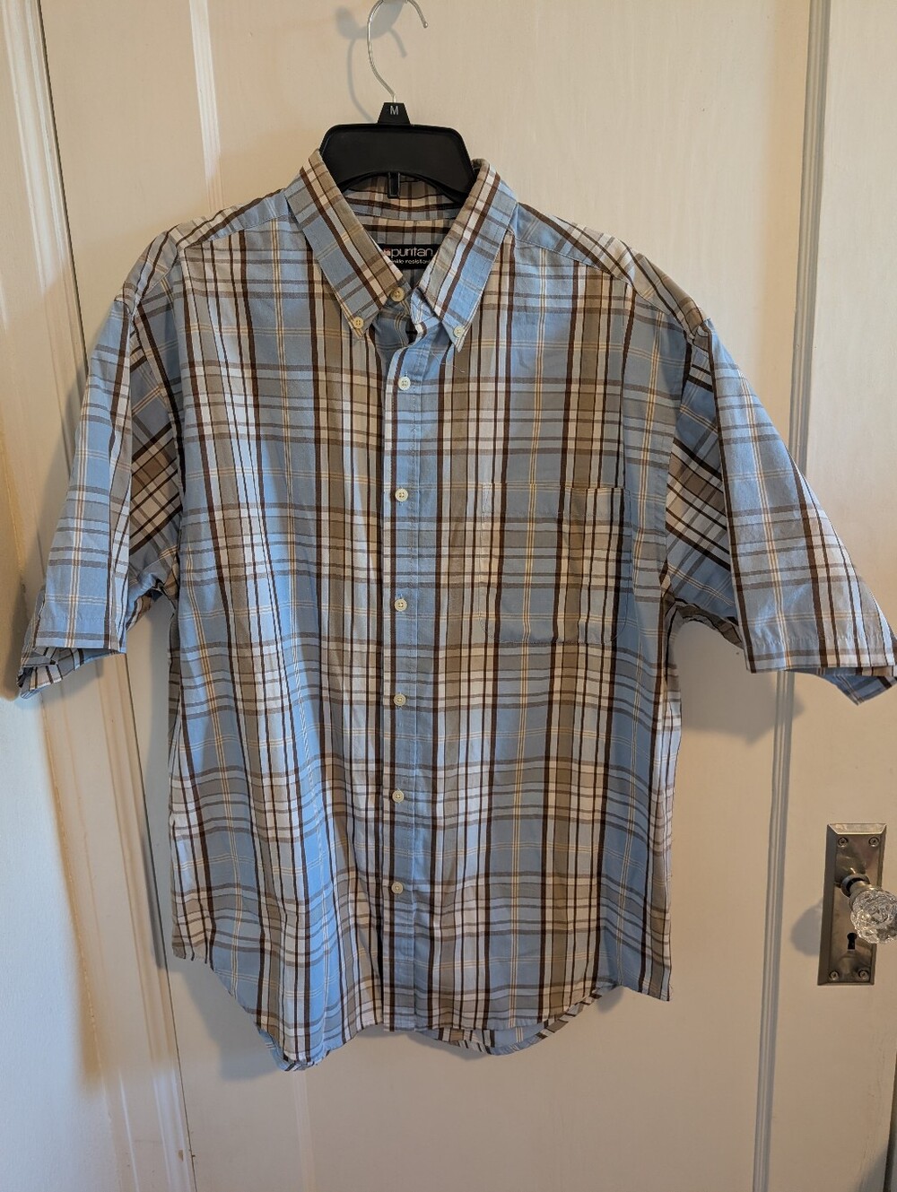 Puritan Men's Wrinkle Resistant Blue Plaid Short-Sleeve Button-Down Shirt